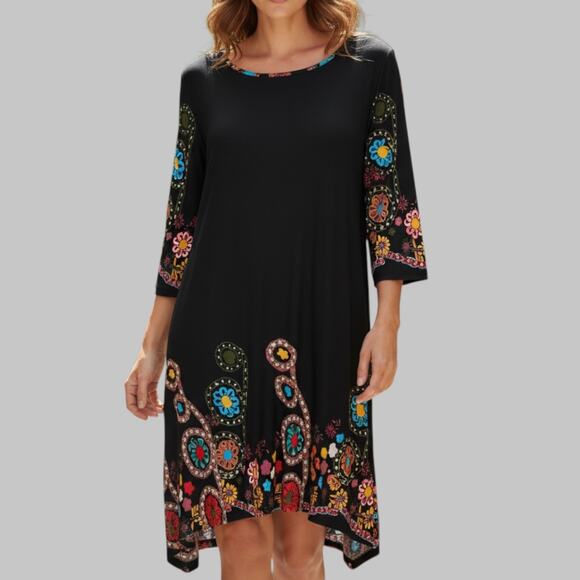 Dresses & Skirts - Reborn Womens Black Floral 3/4 Sleeve Midi Dress Fairy Boho Cottagecore Size XL